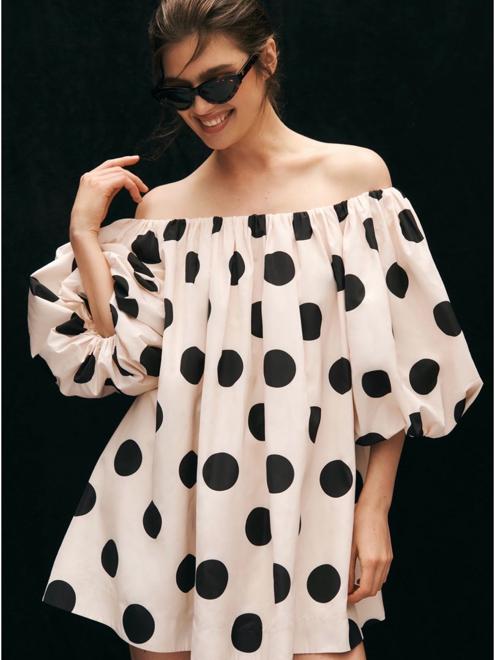 Anthropologie Mare Mate Off-Shoulder Black Polka Dot Mini Dress - Women